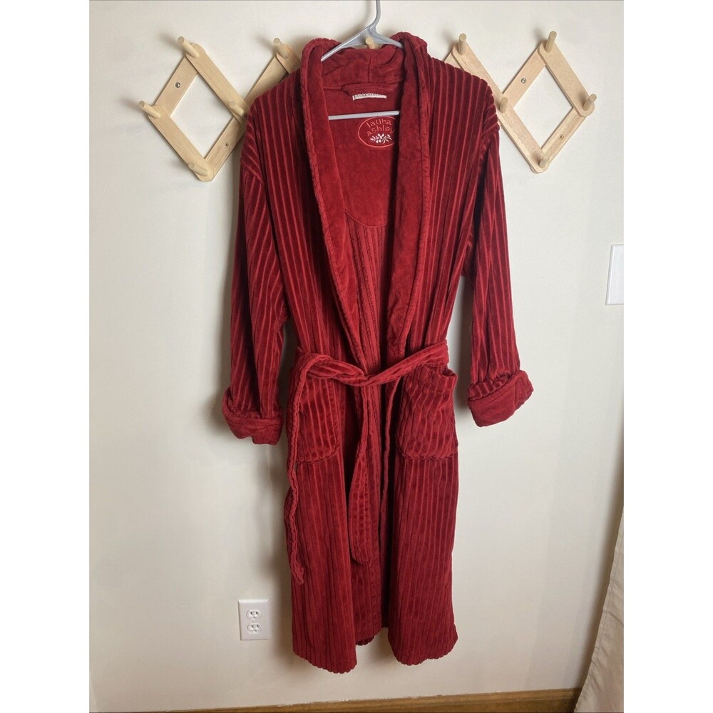 VTG 90s Laura Ashley Robe Red Ribbed Plush Belted Wrap One Size Fits All